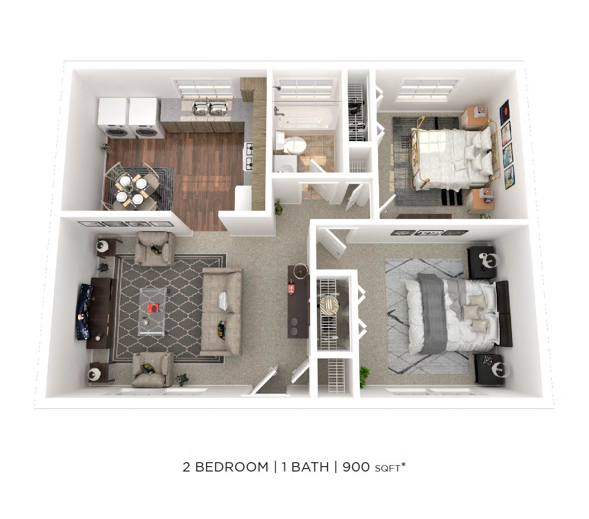 Floor plan for 2 beds, 1 bath, 900 sqft