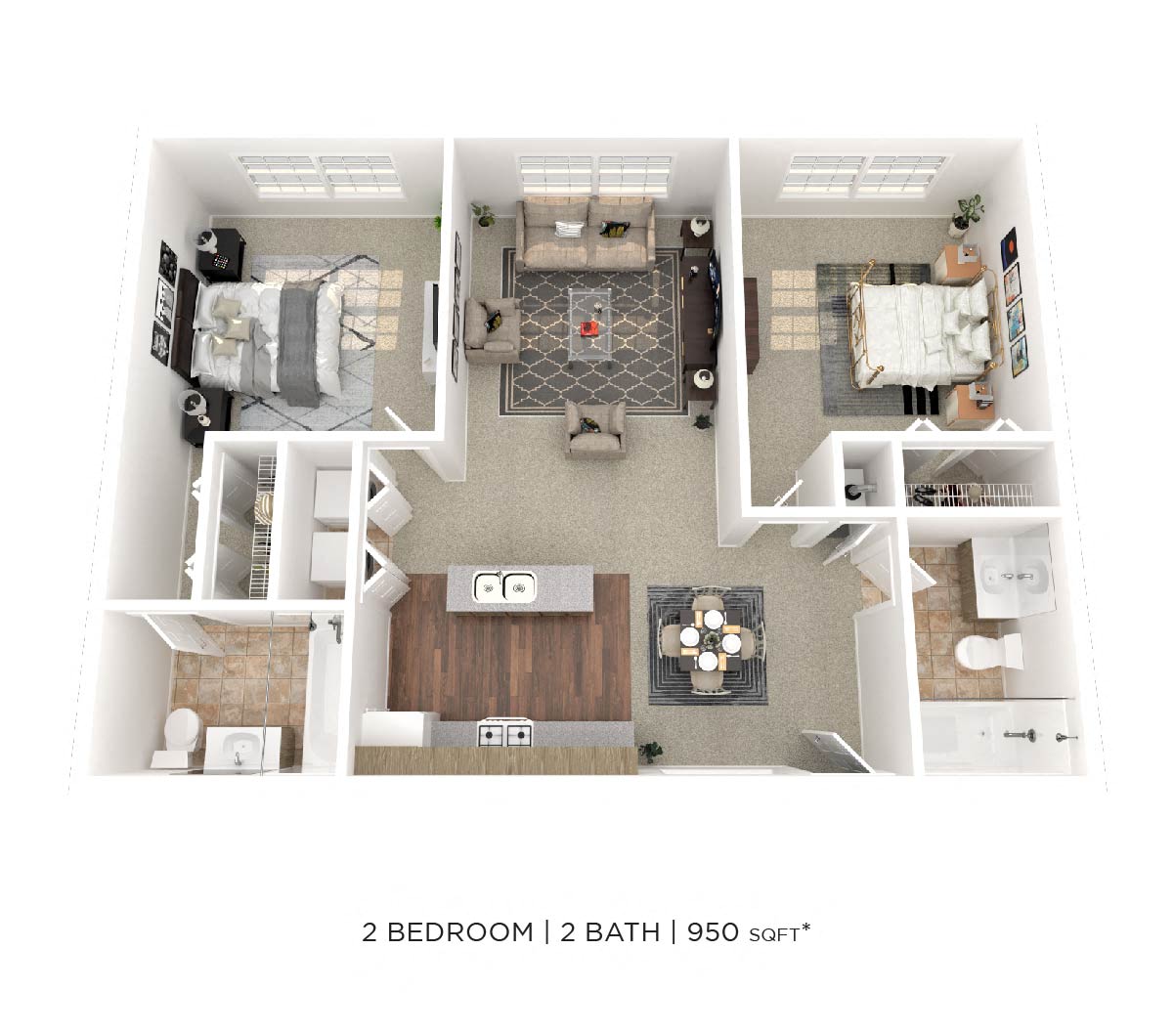 Floor plan for 2 beds, 2 baths, 950 sqft