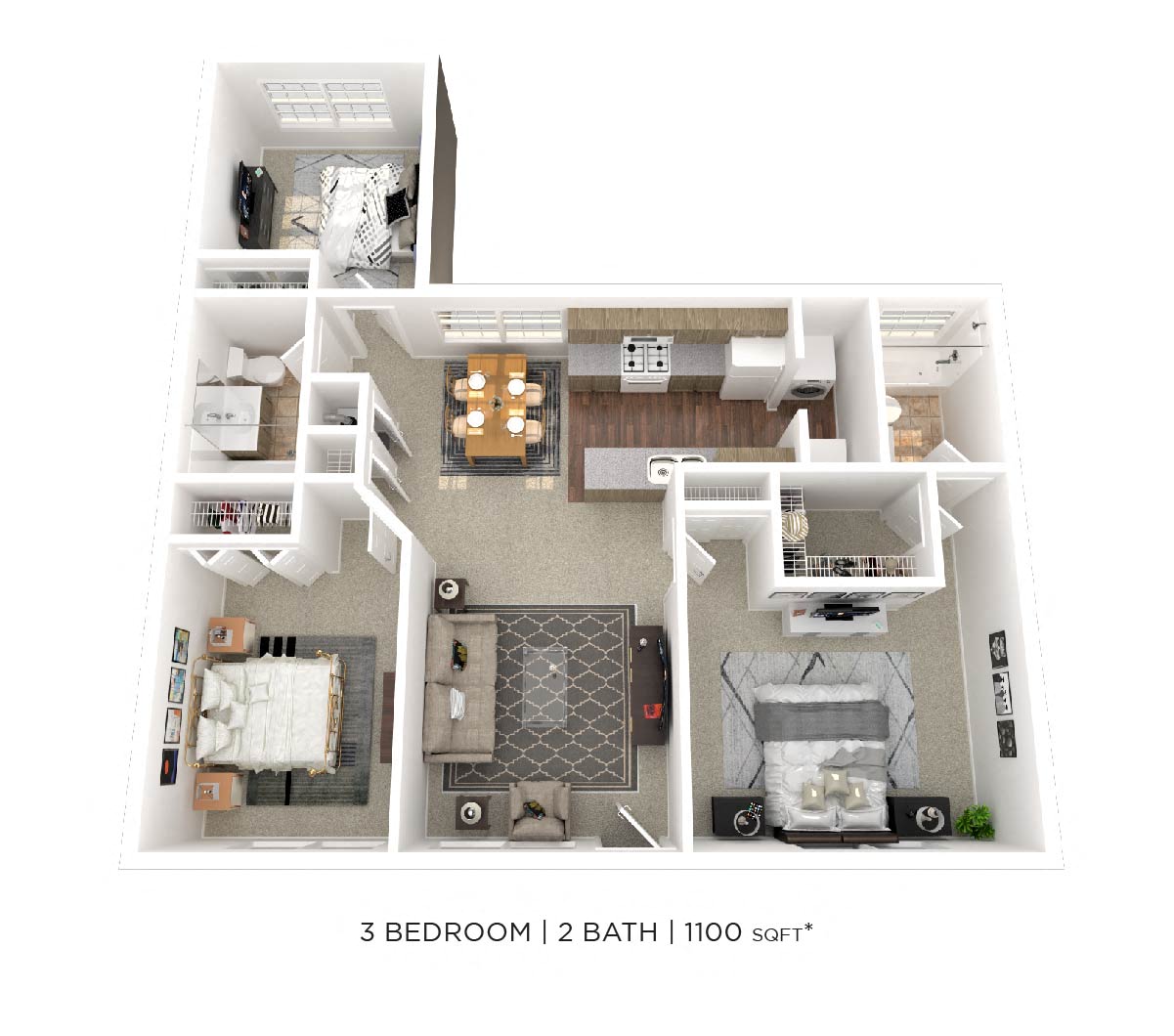Floor plan for 3 beds, 2 baths, 1100 sqft
