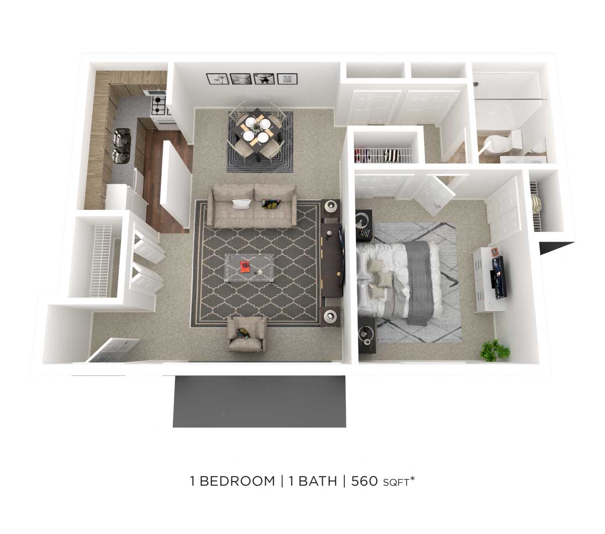 Floor plan for 1 bed, 1 bath, 560 sqft