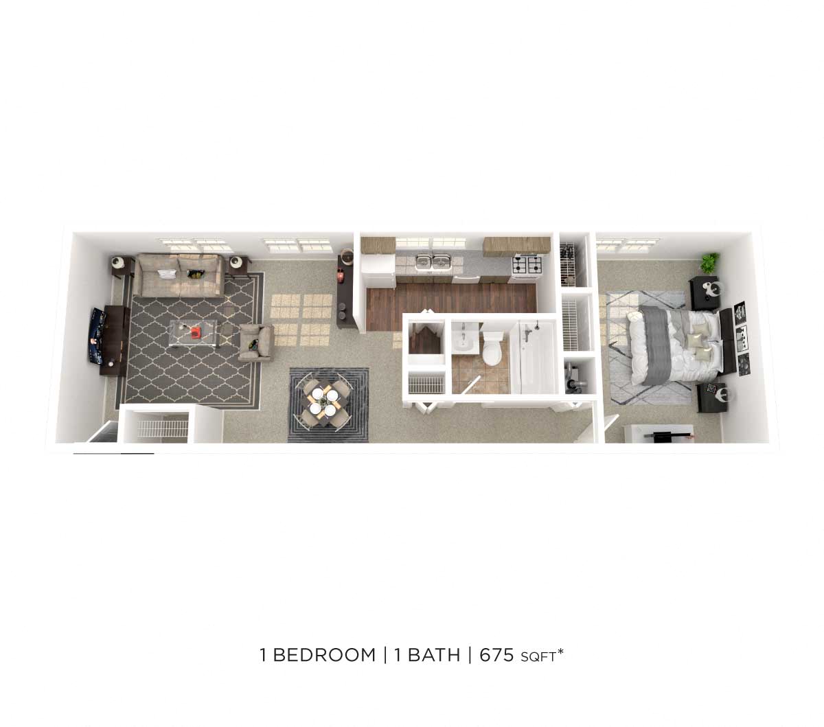 Floor plan for 1 bed, 1 bath, 675 sqft