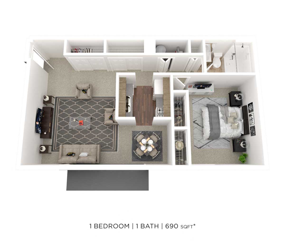 Floor plan for 1 bed, 1 bath, 690 sqft