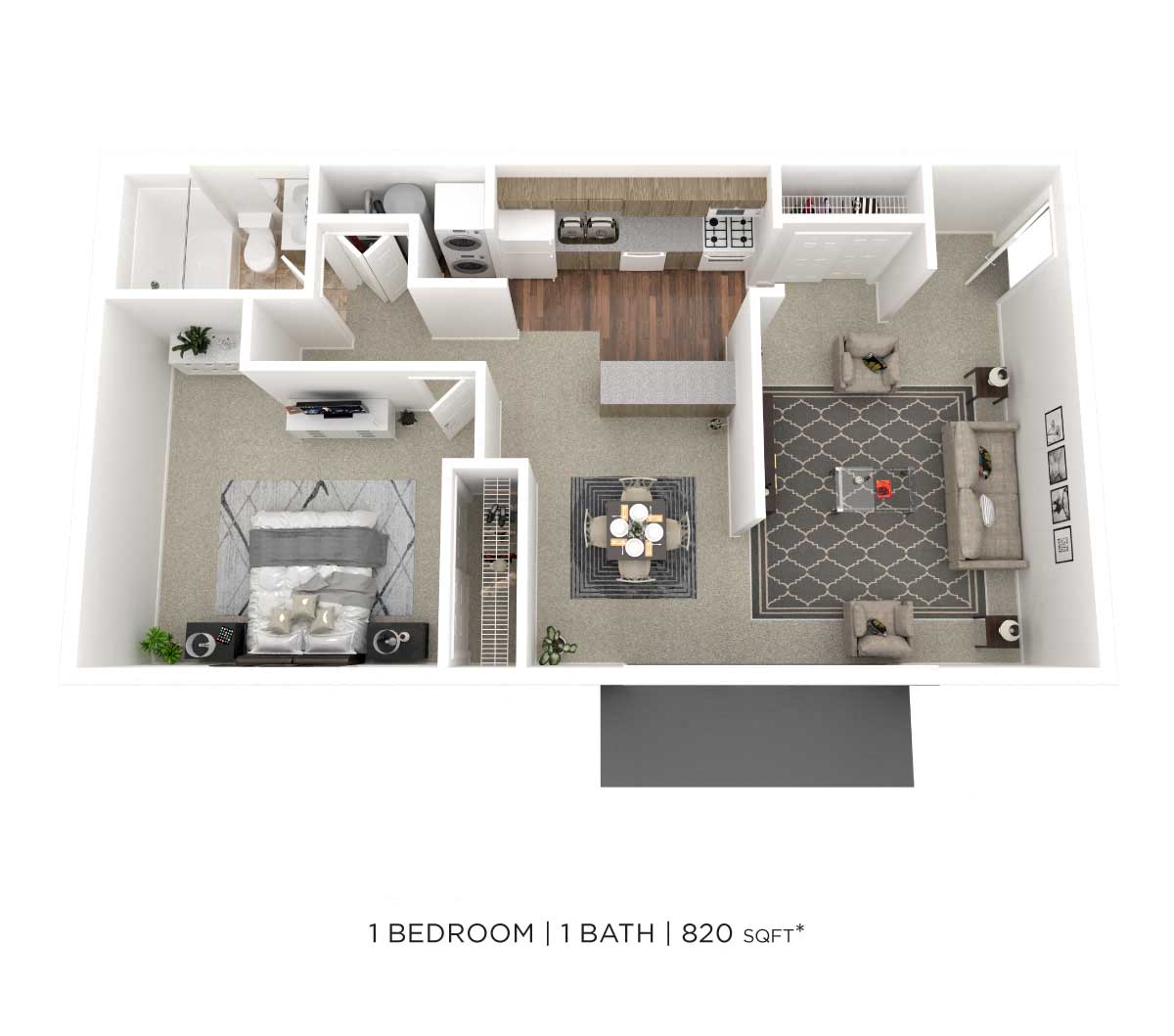 Floor plan for 1 bed, 1 bath, 820 sqft