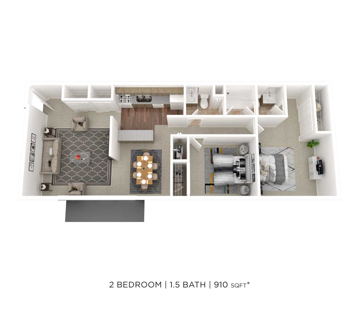 Floor plan for 2 beds, 1.5 baths, 910 sqft