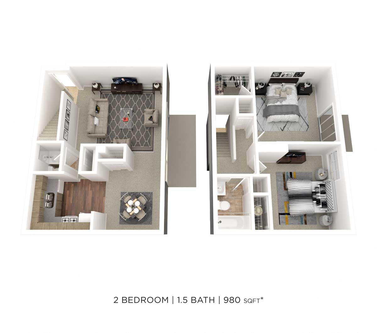 Floor plan for 2 beds, 1.5 baths, 980 sqft