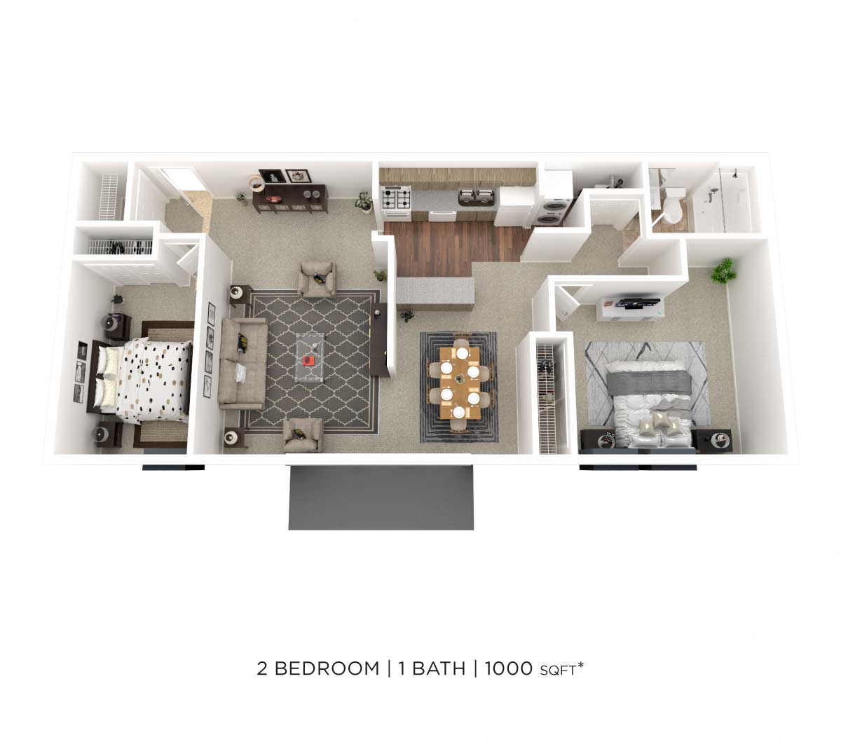 Floor plan for 2 beds, 1 bath, 1000 sqft