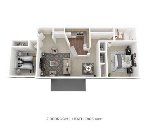 Floor plan for 2 beds, 1 bath, 805 sqft