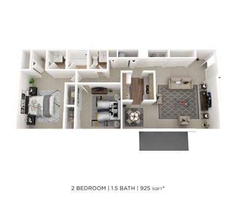 Floor plan for 2 beds, 1.5 baths, 925 sqft