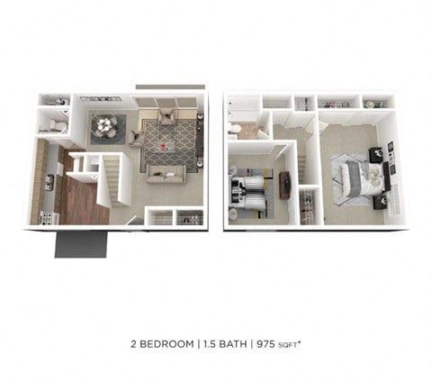 Floor plan for 2 beds, 1.5 baths, 975 sqft
