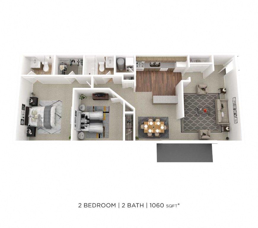 Floor plan for 2 beds, 2 baths, 1060 sqft