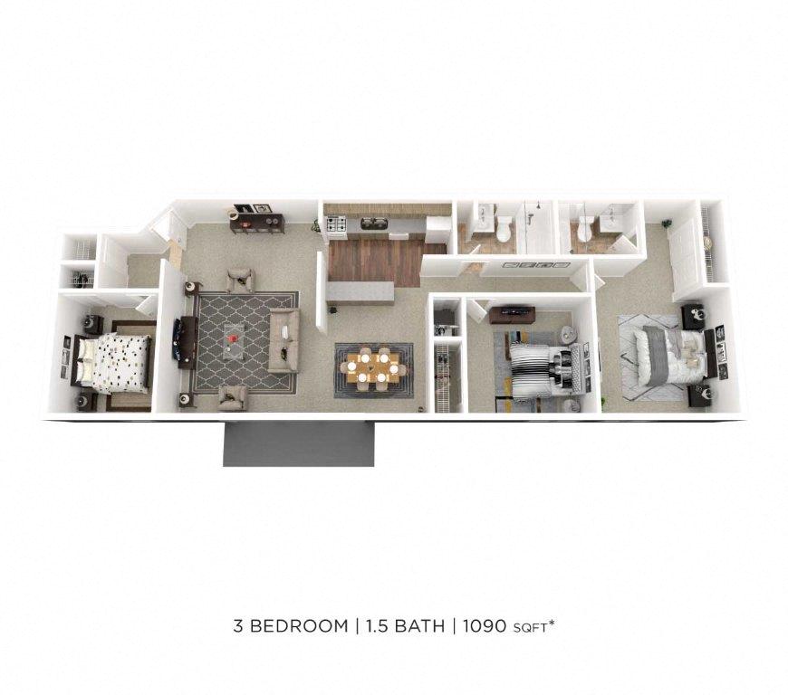 Floor plan for 3 beds, 1.5 baths, 1090 sqft