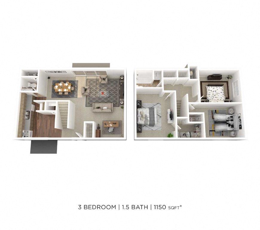 Floor plan for 3 beds, 1.5 baths, 1150 sqft