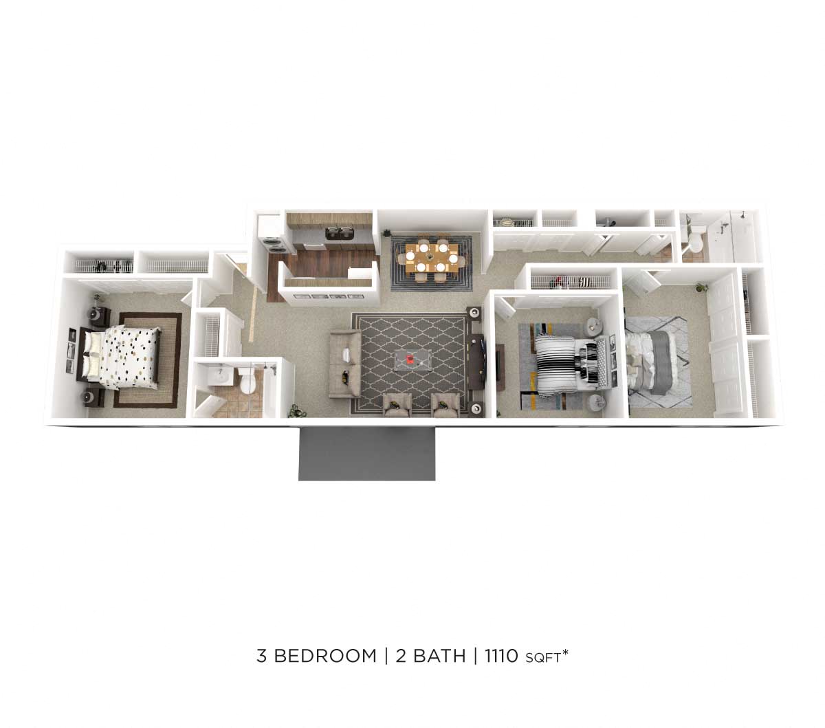 Floor plan for 3 beds, 2 baths, 1110 sqft