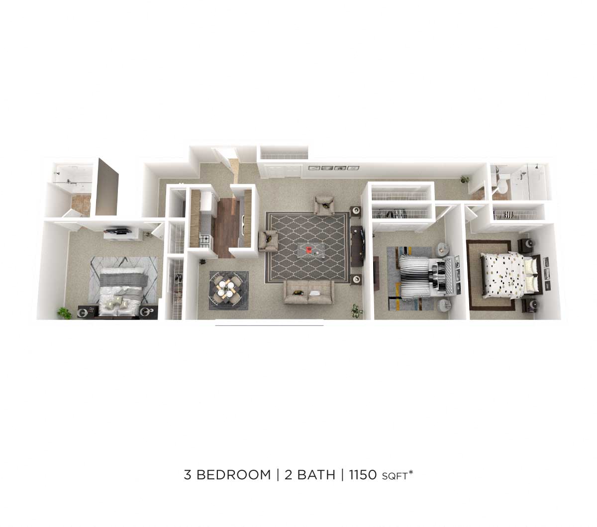 Floor plan for 3 beds, 2 baths, 1150 sqft