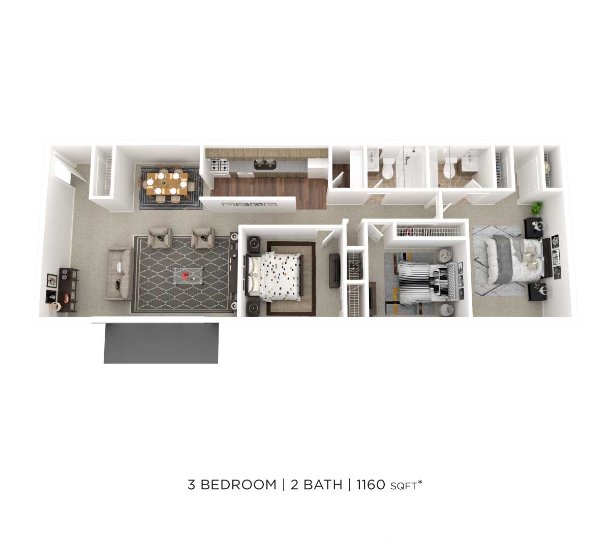 Floor plan for 3 beds, 2 baths, 1160 sqft