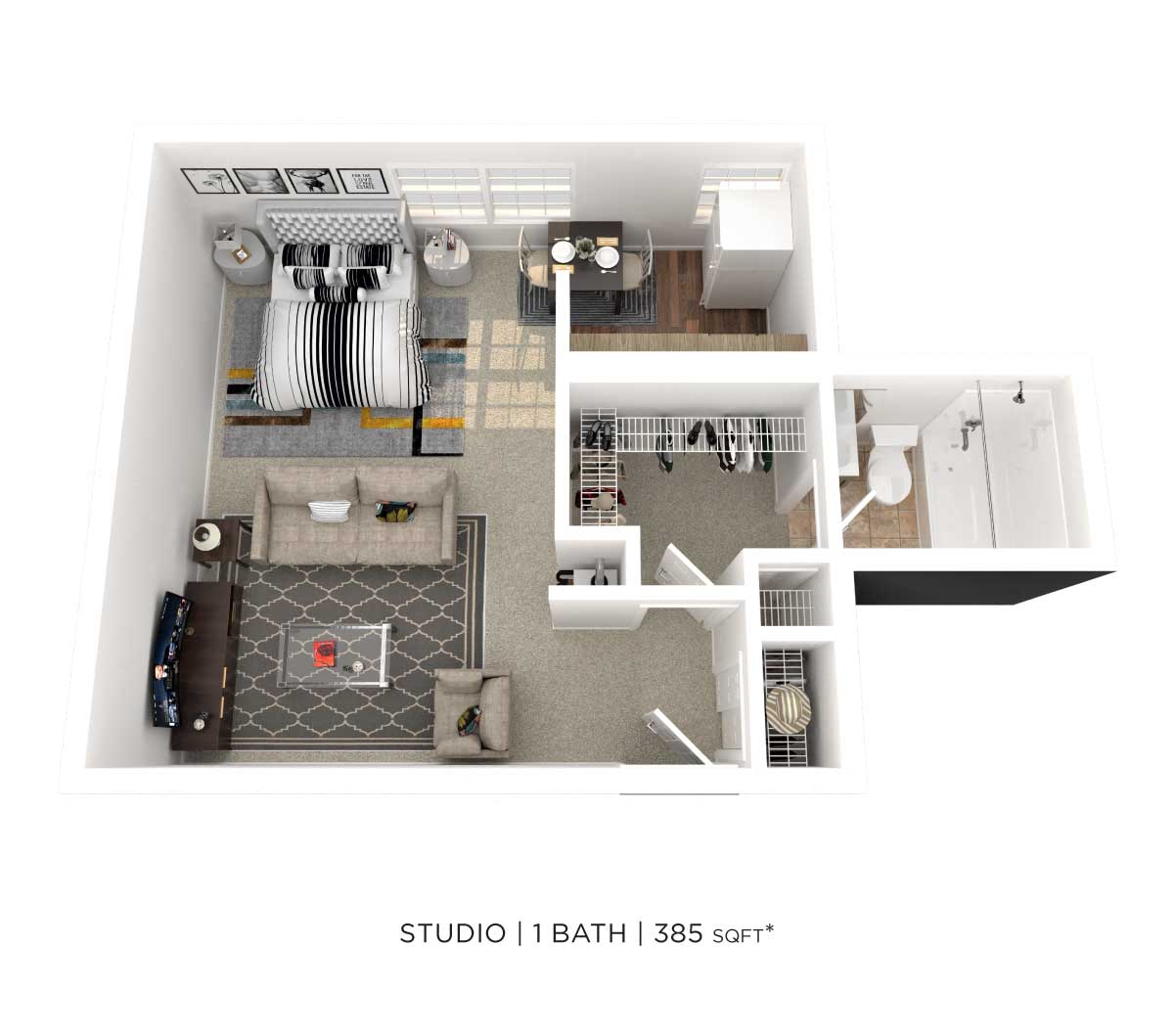 Floor plan for studio, 1 bath, 385 sqft