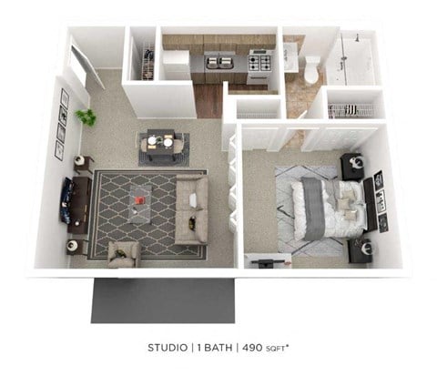 Floor plan for studio, 1 bath, 490 sqft