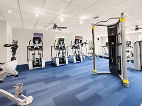 Tampa townhouse for rent - A gym with a variety of equipment including a treadmill, elliptical machines, and a stationary bike.