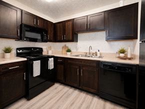 Tampa townhouse for rent - A black fridge and oven in a kitchen with wooden cabinets.