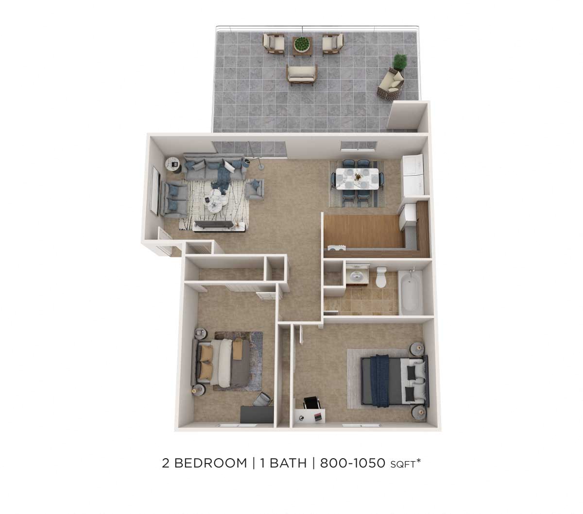Floor plan for 2 beds, 1 bath, 1050 sqft