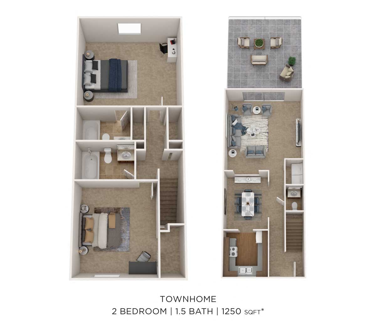 Floor plan for 2 beds, 2.5 baths, 1250 sqft