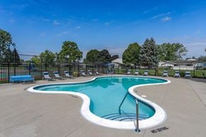 Novi apartment for rent - A large outdoor swimming pool surrounded by a fence and lounge chairs.