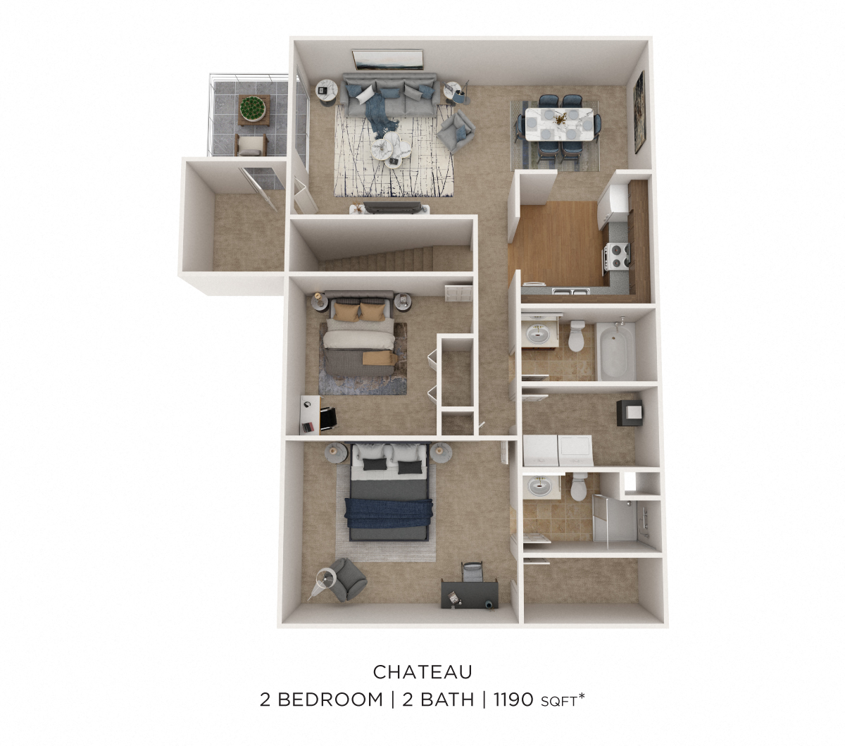 Floor plan for 2 beds, 2 baths, 1190 sqft