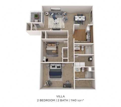 Floor plan for 2 beds, 2 baths, 1140 sqft