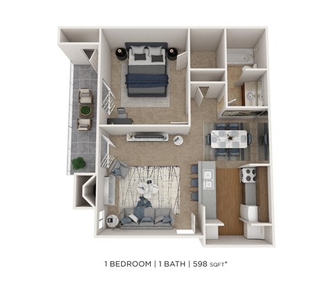 Floor plan for 1 bed, 1 bath, 598 sqft