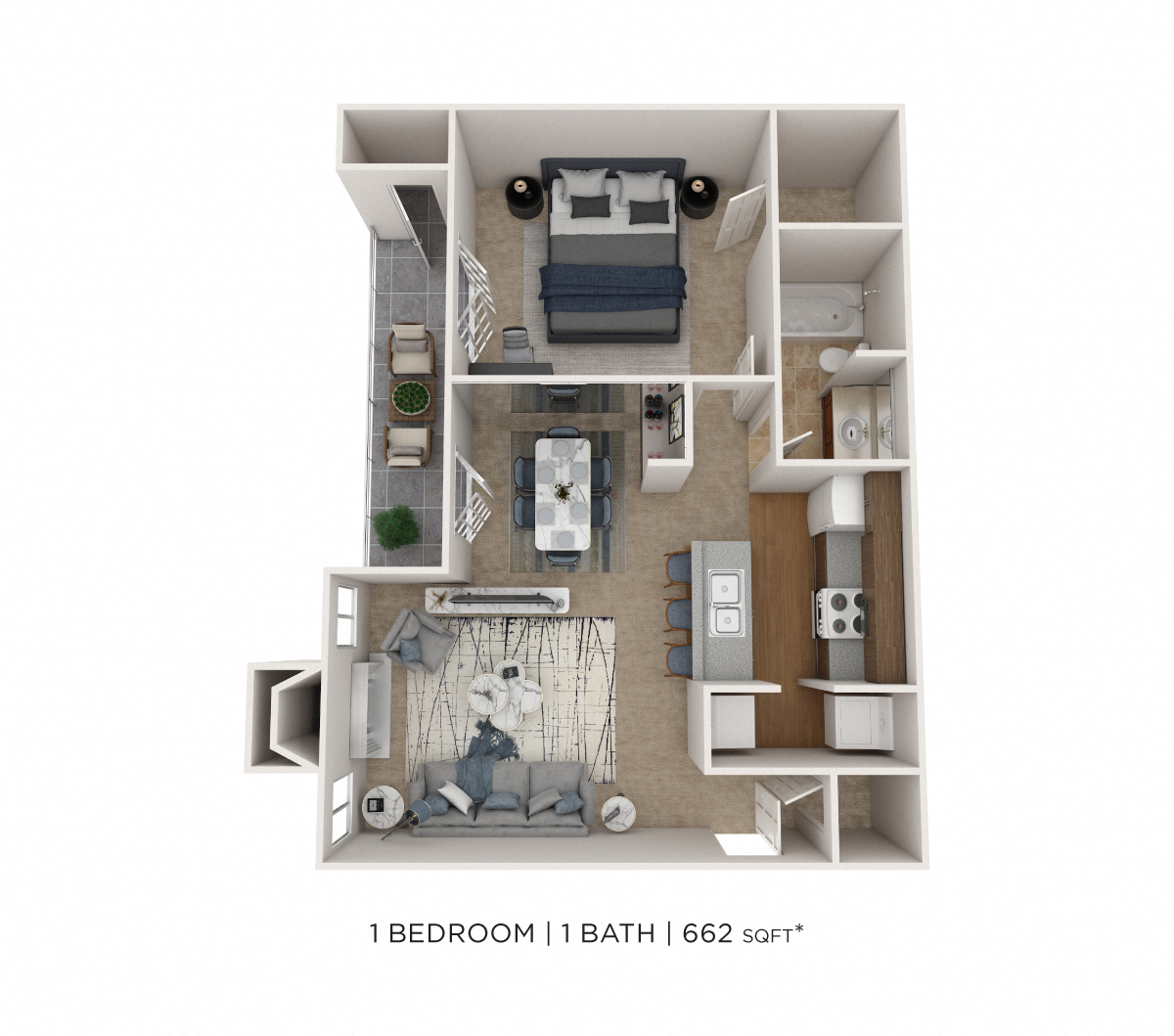 Floor plan for 1 bed, 1 bath, 662 sqft
