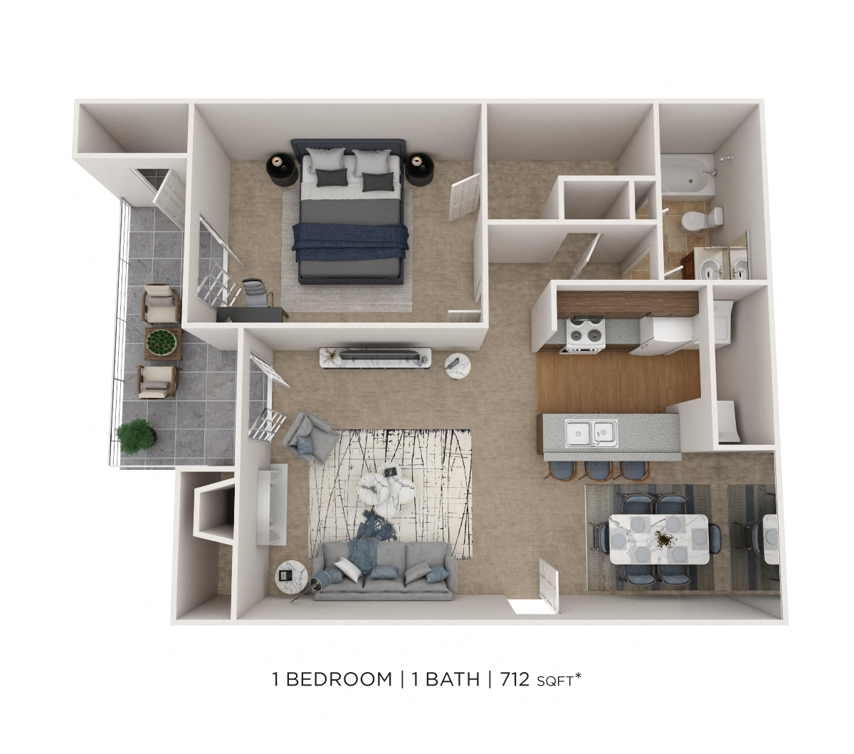 Floor plan for 1 bed, 1 bath, 712 sqft