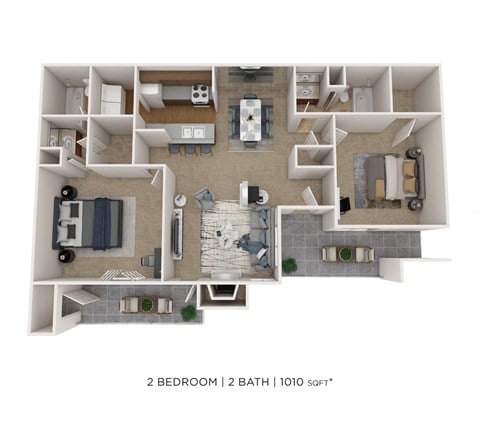 Floor plan for 2 beds, 2 baths, 1010 sqft