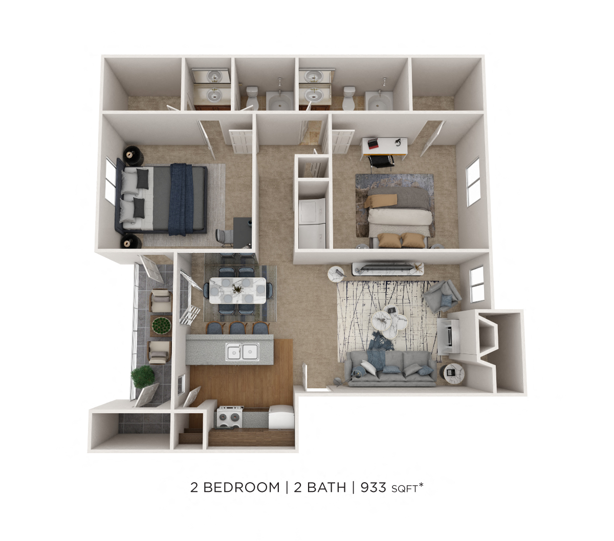 Floor plan for 2 beds, 2 baths, 933 sqft