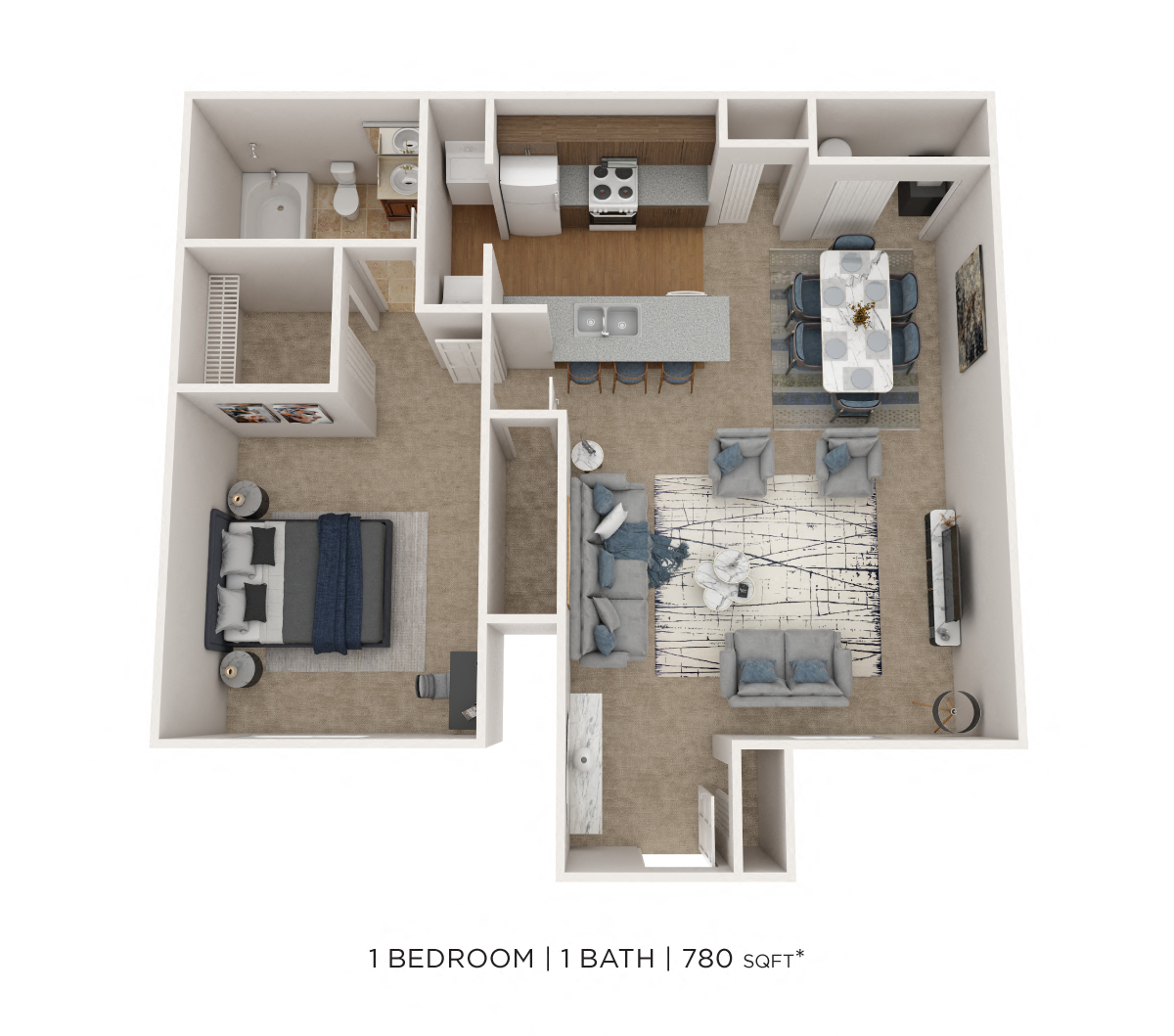 Floor plan for 1 bed, 1 bath, 780 sqft