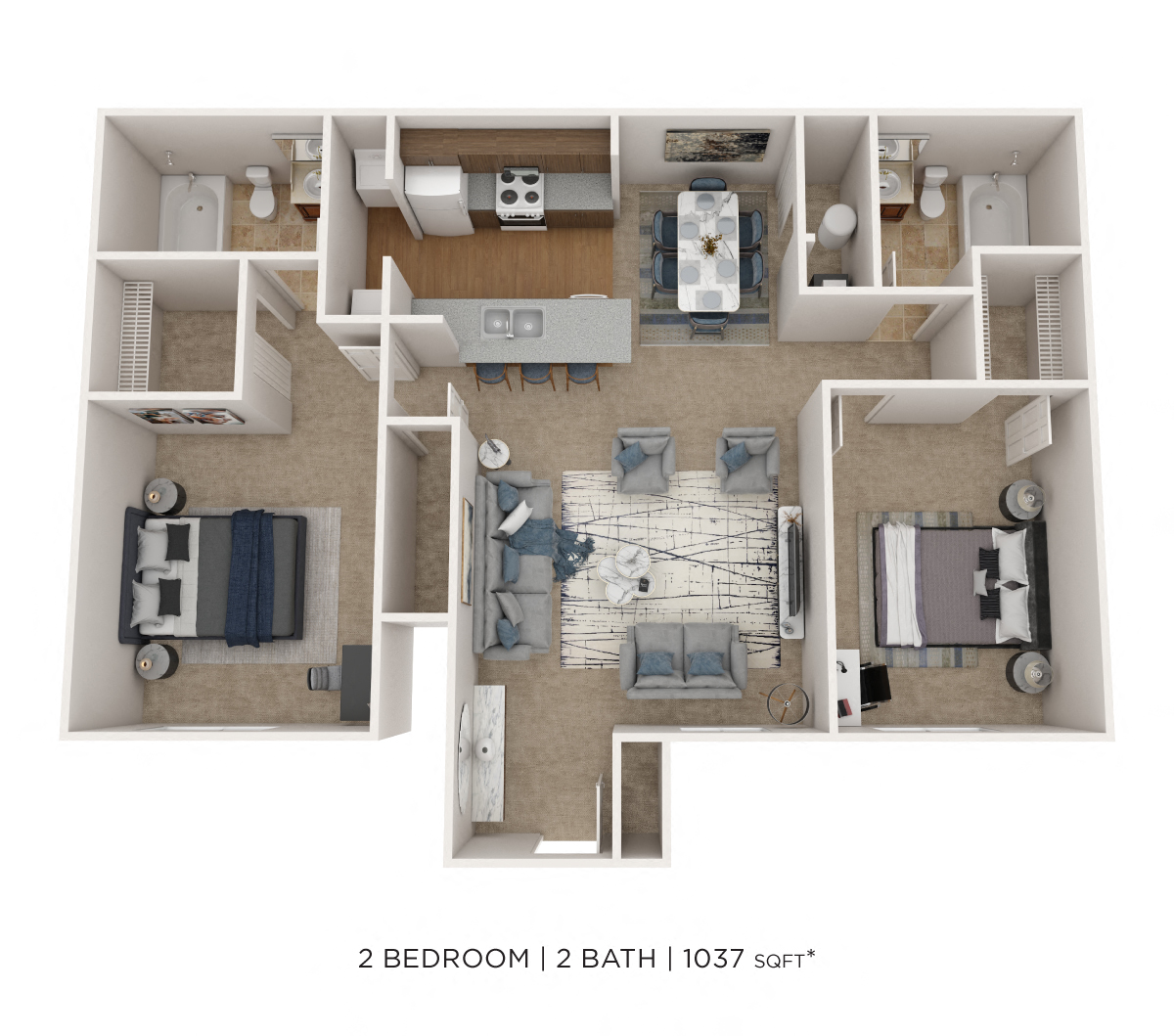 Floor plan for 2 beds, 2 baths, 1037 sqft