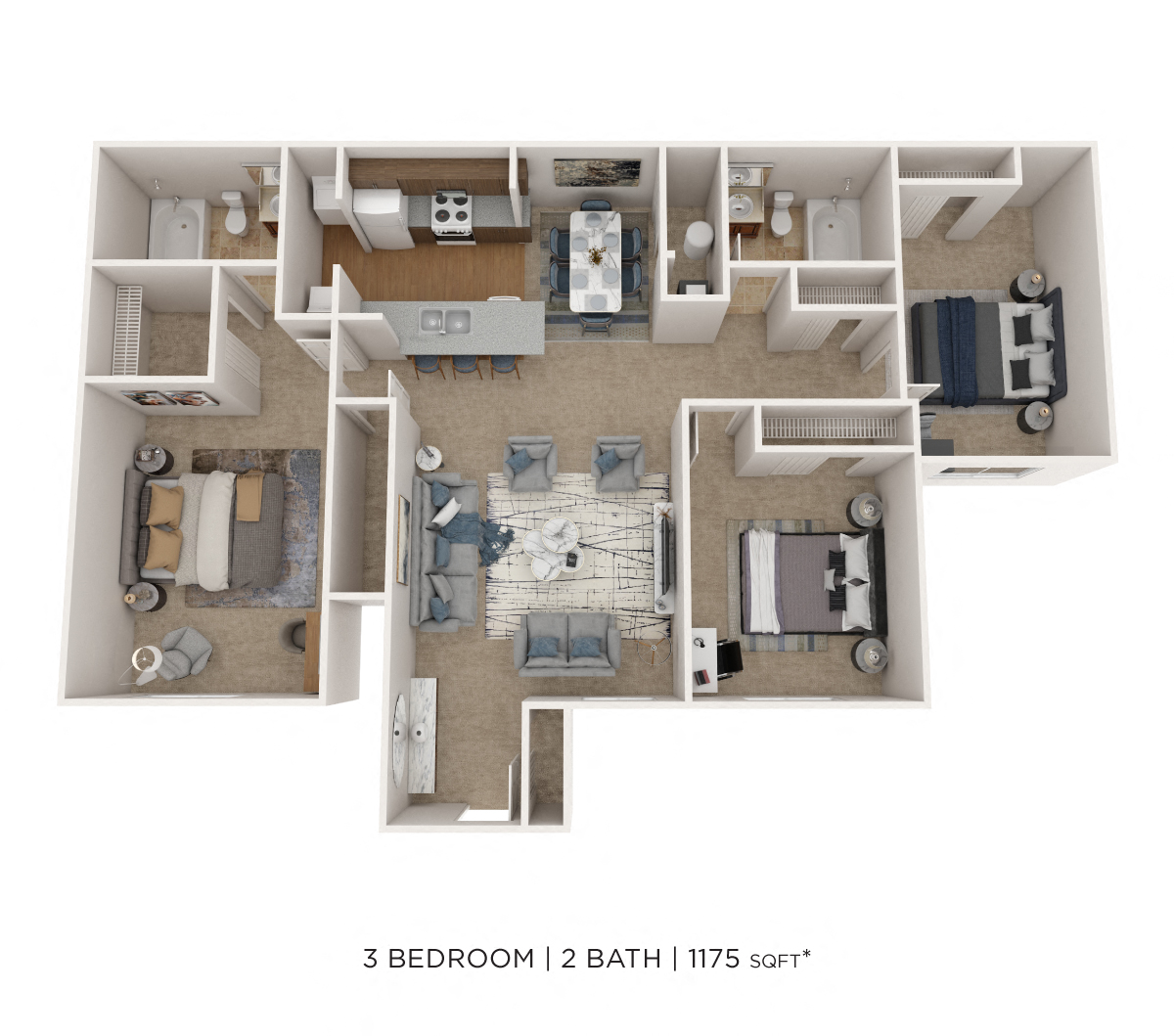 Floor plan for 3 beds, 2 baths, 1175 sqft
