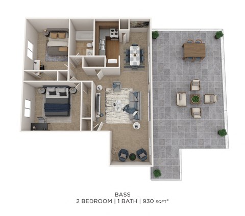 Floor plan for 2 beds, 1 bath, 870 sqft