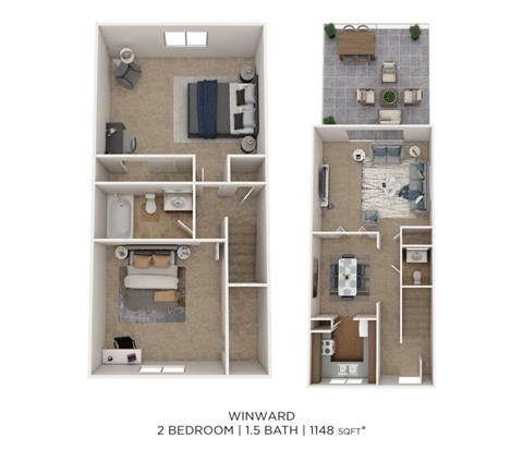 Floor plan for 2 beds, 1.5 baths, 1148 sqft