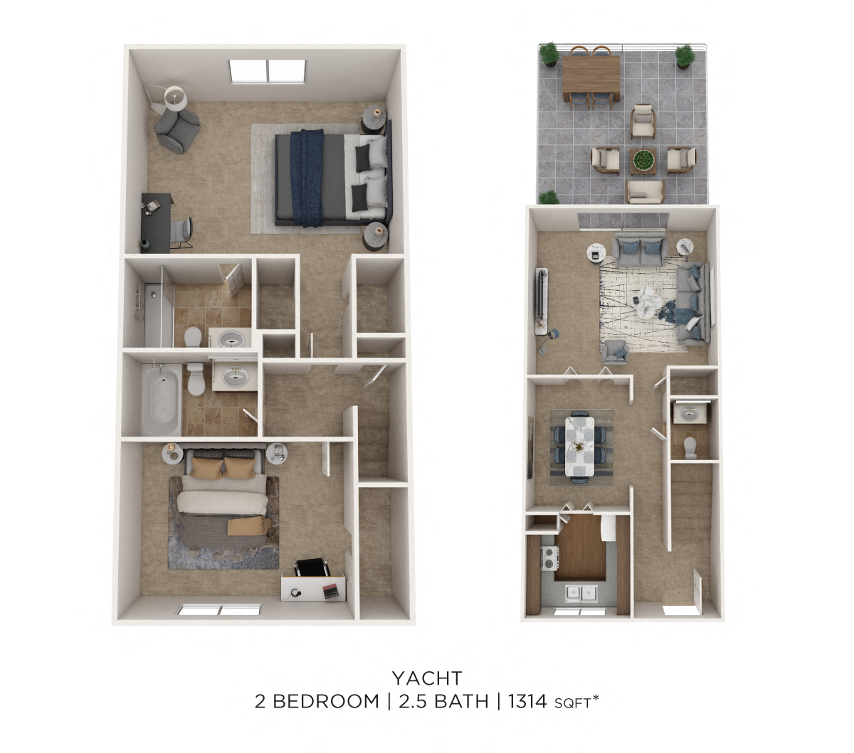 Floor plan for 2 beds, 2.5 baths, 1314 sqft