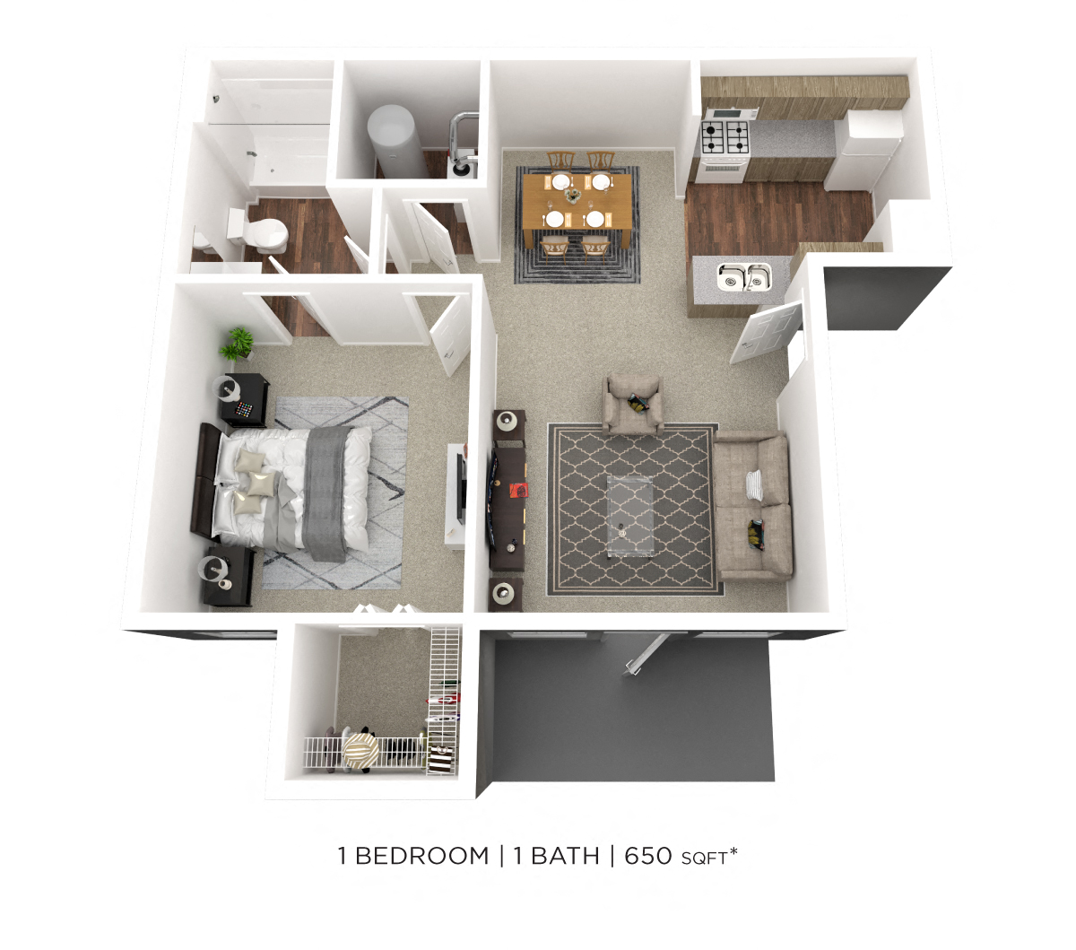 Floor plan for 1 bed, 1 bath, 650 sqft