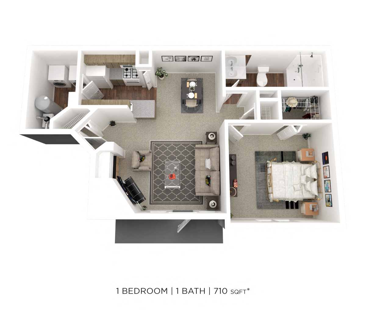 Floor plan for 1 bed, 1 bath, 710 sqft