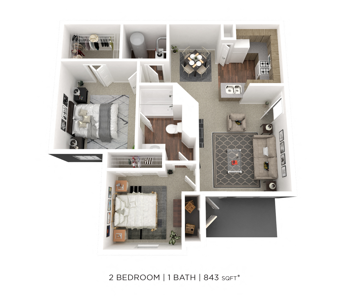 Floor plan for 2 beds, 1 bath, 843 sqft