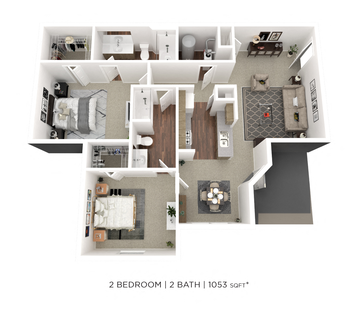 Floor plan for 2 beds, 2 baths, 1053 sqft