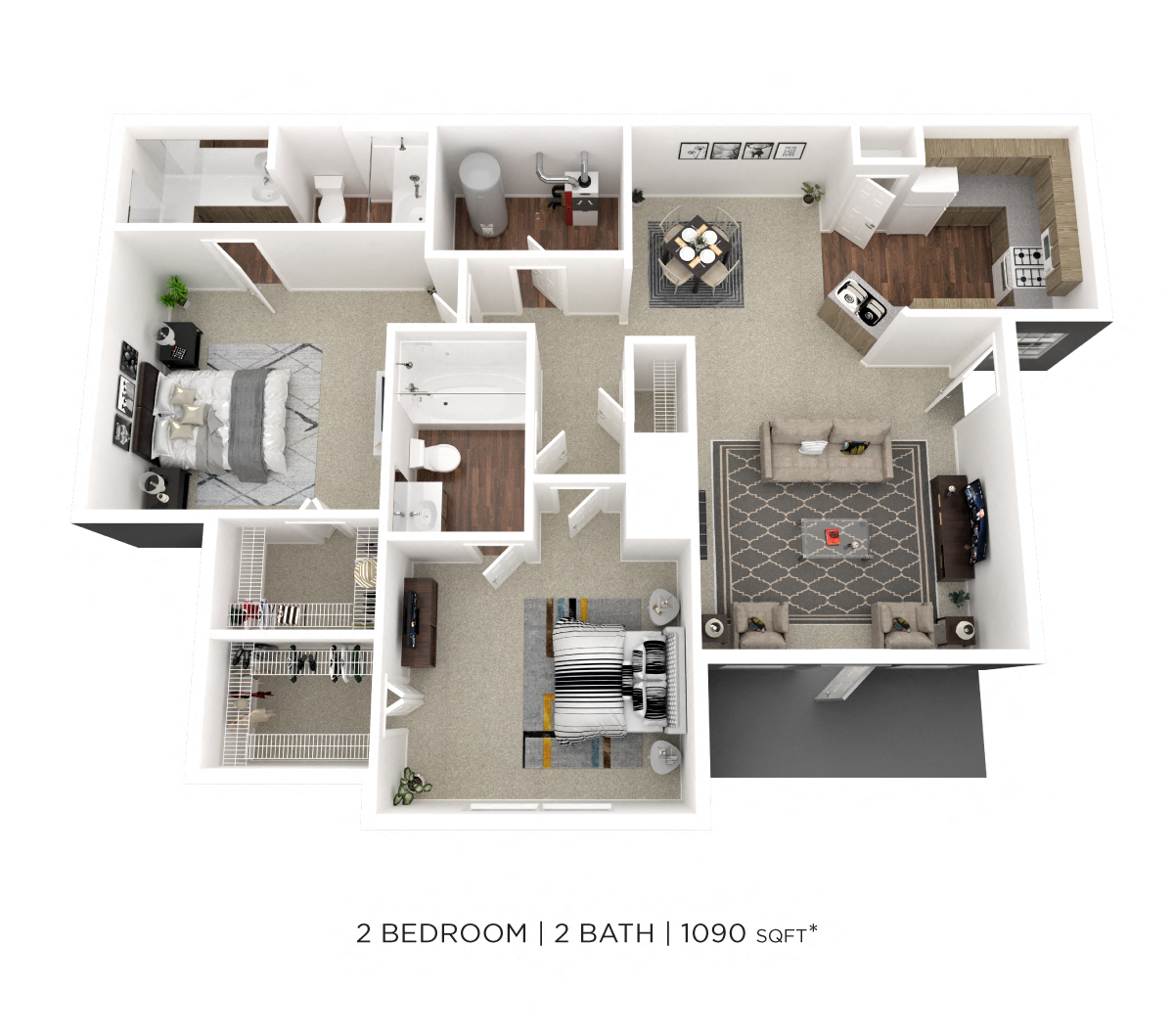 Floor plan for 2 beds, 2 baths, 1090 sqft