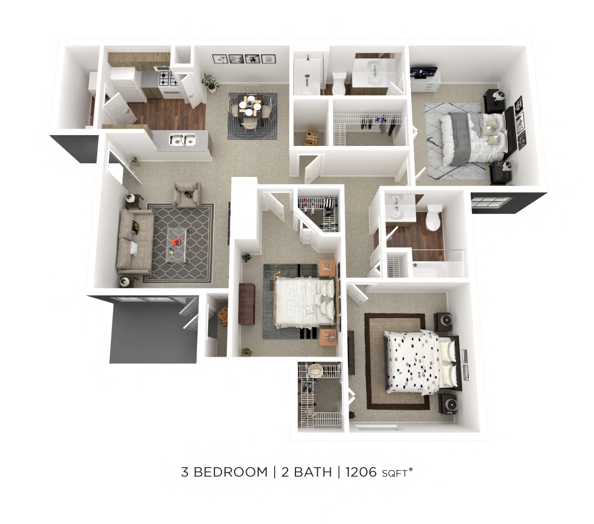 Floor plan for 3 beds, 2 baths, 1206 sqft