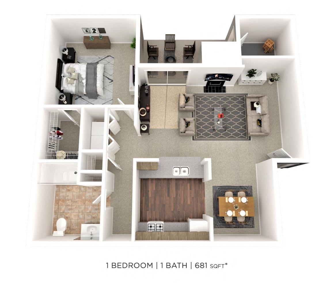 Floor plan for 1 bed, 1 bath, 681 sqft