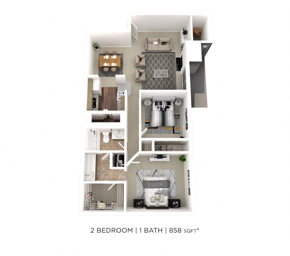 Floor plan for 2 beds, 1 bath, 858 sqft