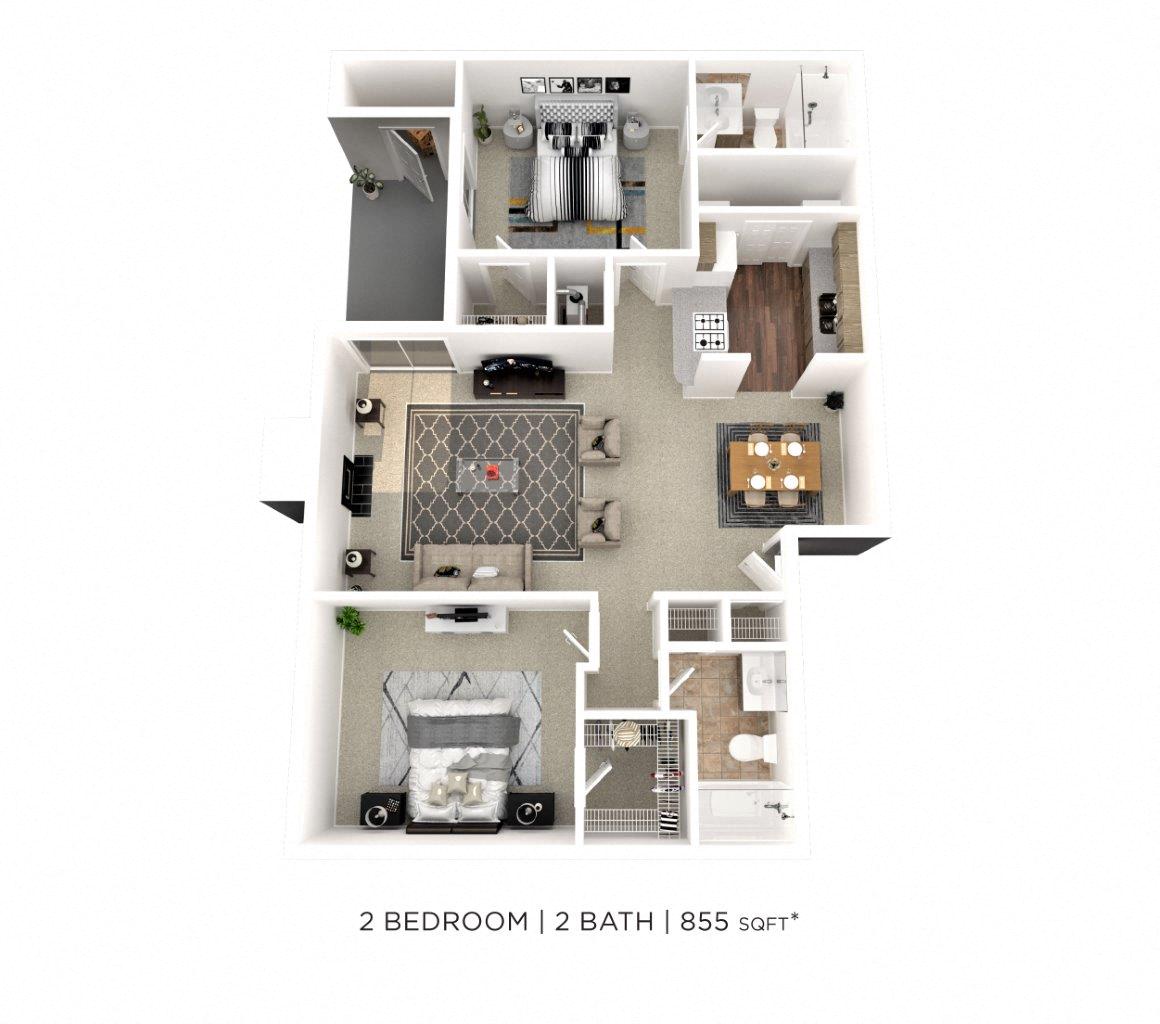 Floor plan for 2 beds, 2 baths, 855 sqft