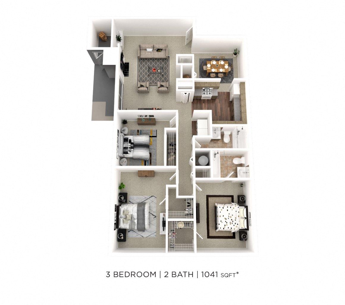 Floor plan for 3 beds, 2 baths, 1041 sqft