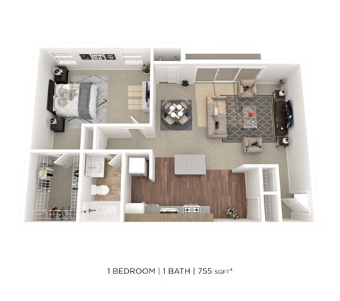Floor plan for 1 bed, 1 bath, 755 sqft